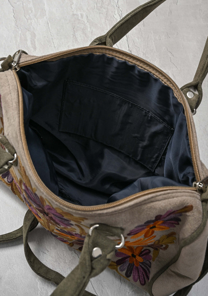 Exquisite Kashmiri Aari Embroidered Ladies Handbag in Taupe with Floral Design | SHOBITAM