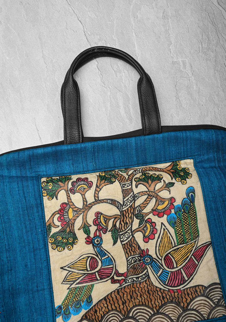 Blue Handcrafted Laptop Bag with Tree of Life Madhubani Handpainting