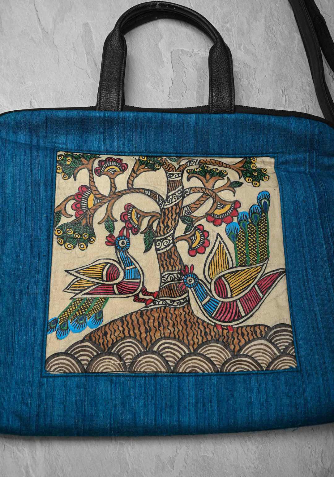 Blue Handcrafted Laptop Bag with Tree of Life Madhubani Handpainting