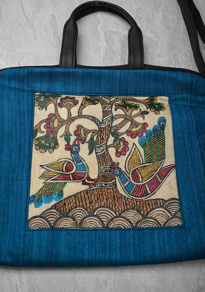 Blue Handcrafted Laptop Bag with Tree of Life Madhubani Handpainting