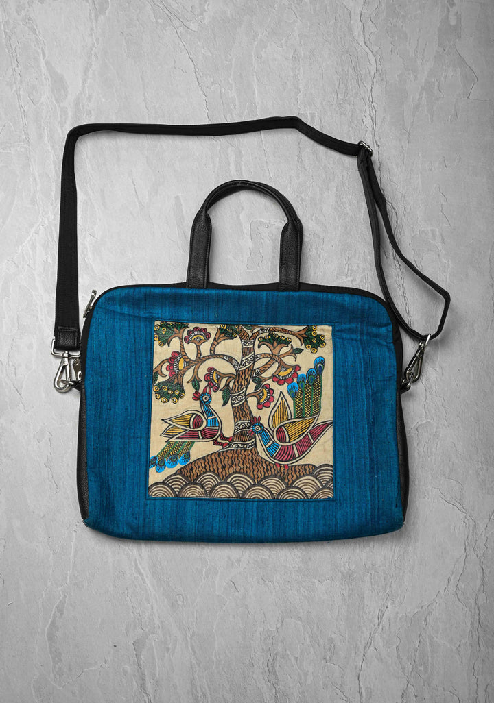 Blue Handcrafted Laptop Bag with Tree of Life Madhubani Handpainting