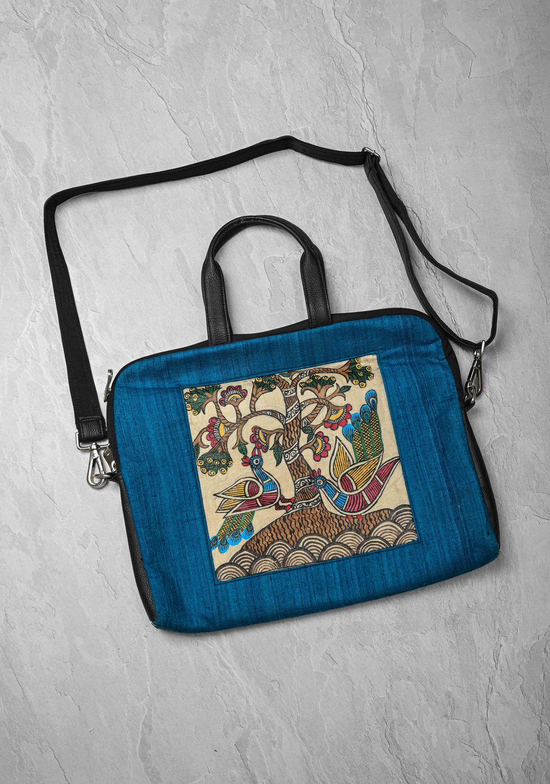 Blue Handcrafted Laptop Bag with Tree of Life Madhubani Handpainting