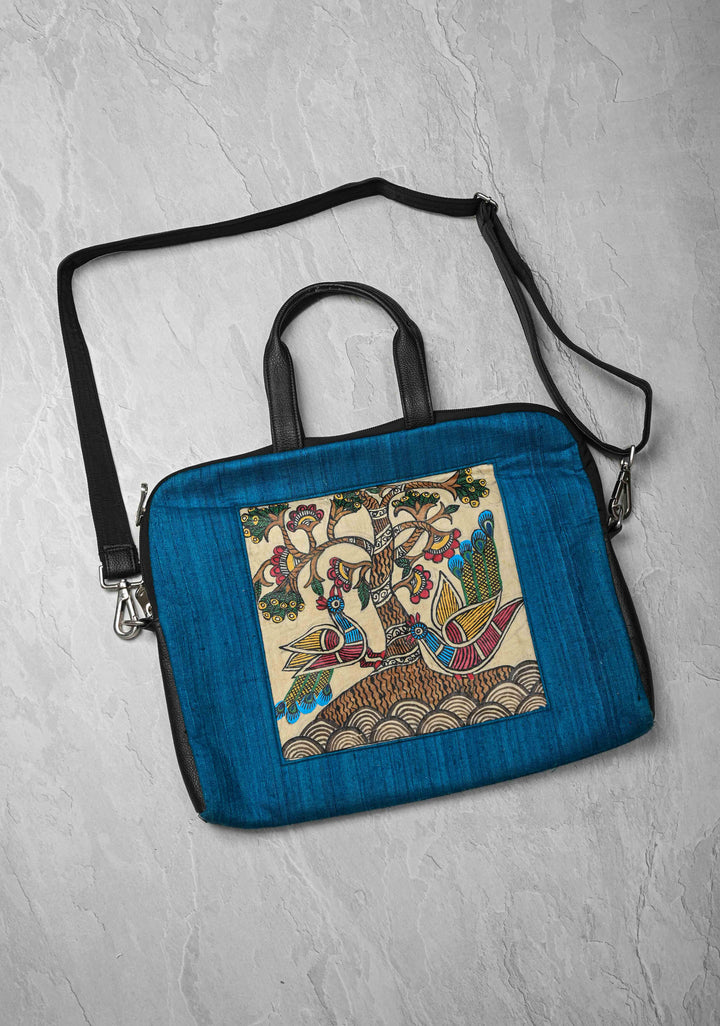 Blue Handcrafted Laptop Bag with Tree of Life Madhubani Handpainting
