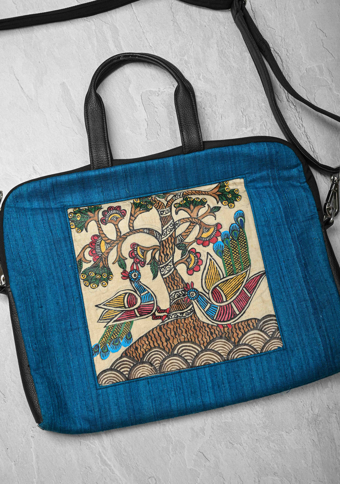 Blue Handcrafted Laptop Bag with Tree of Life Madhubani Handpainting