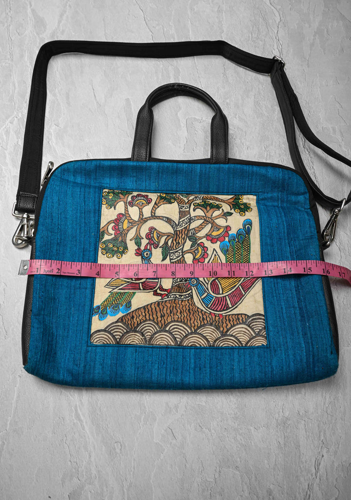 Blue Handcrafted Laptop Bag with Tree of Life Madhubani Handpainting