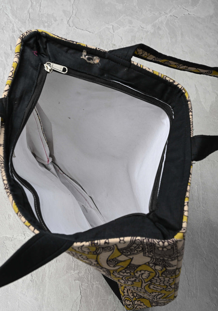 Yellow Ladies Handbag with Kalamkari Design
