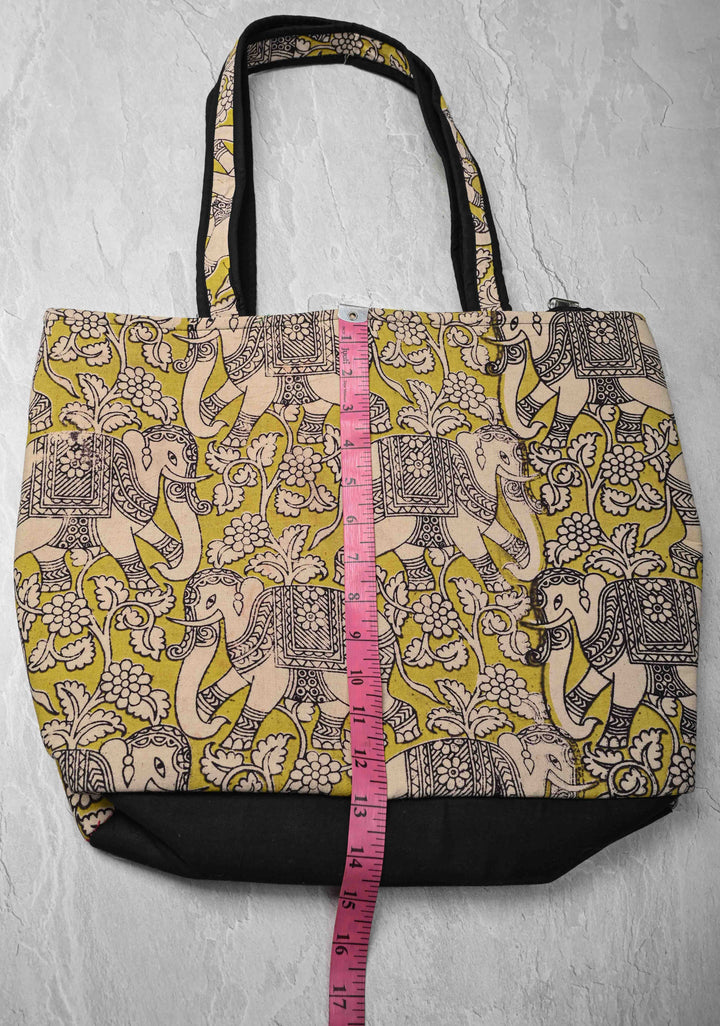 Yellow Ladies Handbag with Kalamkari Design