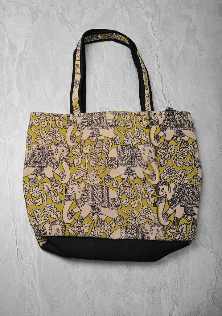 Yellow Ladies Handbag with Kalamkari Design