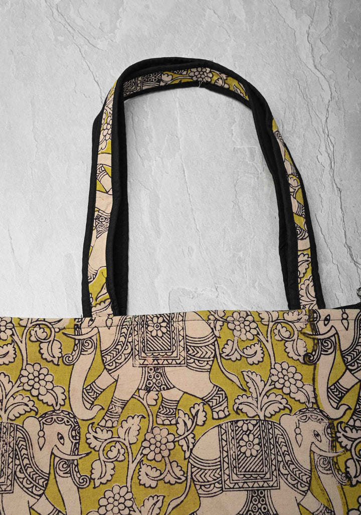 Yellow Ladies Handbag with Kalamkari Design