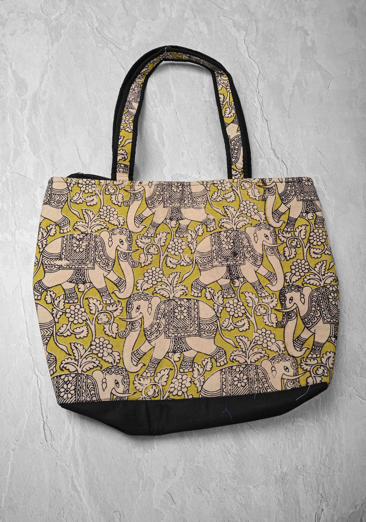 Yellow Ladies Handbag with Kalamkari Design