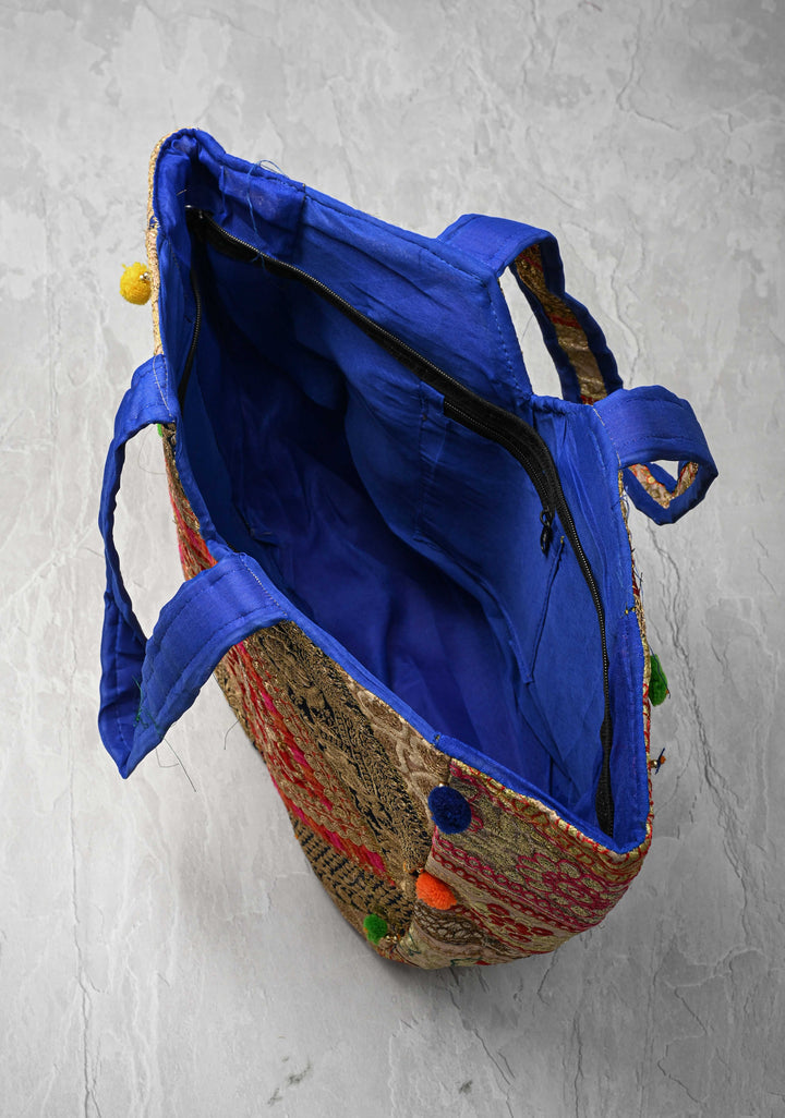 Colorful Embroidered Patchwork Shoulder Bag with Pom Pom Detailing
