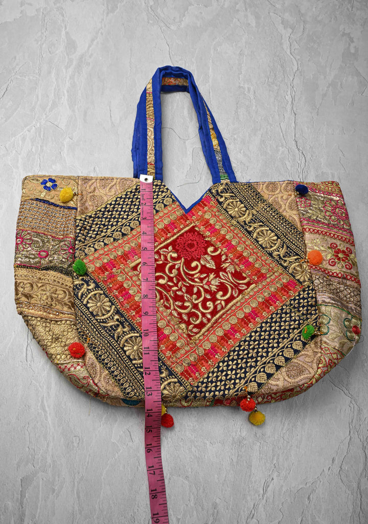Colorful Embroidered Patchwork Shoulder Bag with Pom Pom Detailing