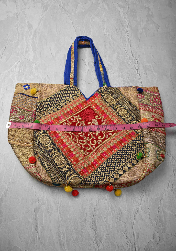 Colorful Embroidered Patchwork Shoulder Bag with Pom Pom Detailing
