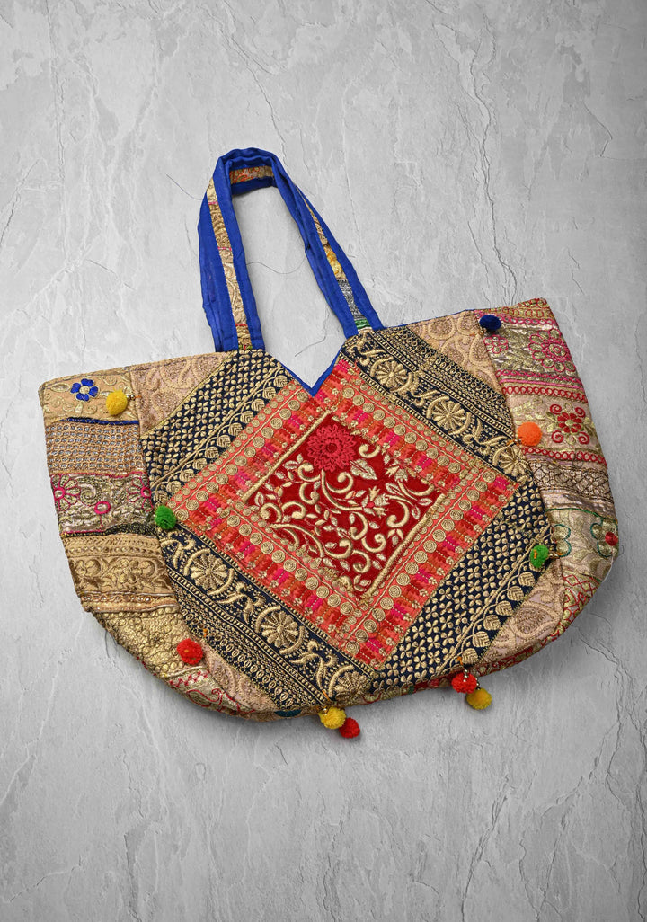 Colorful Embroidered Patchwork Shoulder Bag with Pom Pom Detailing