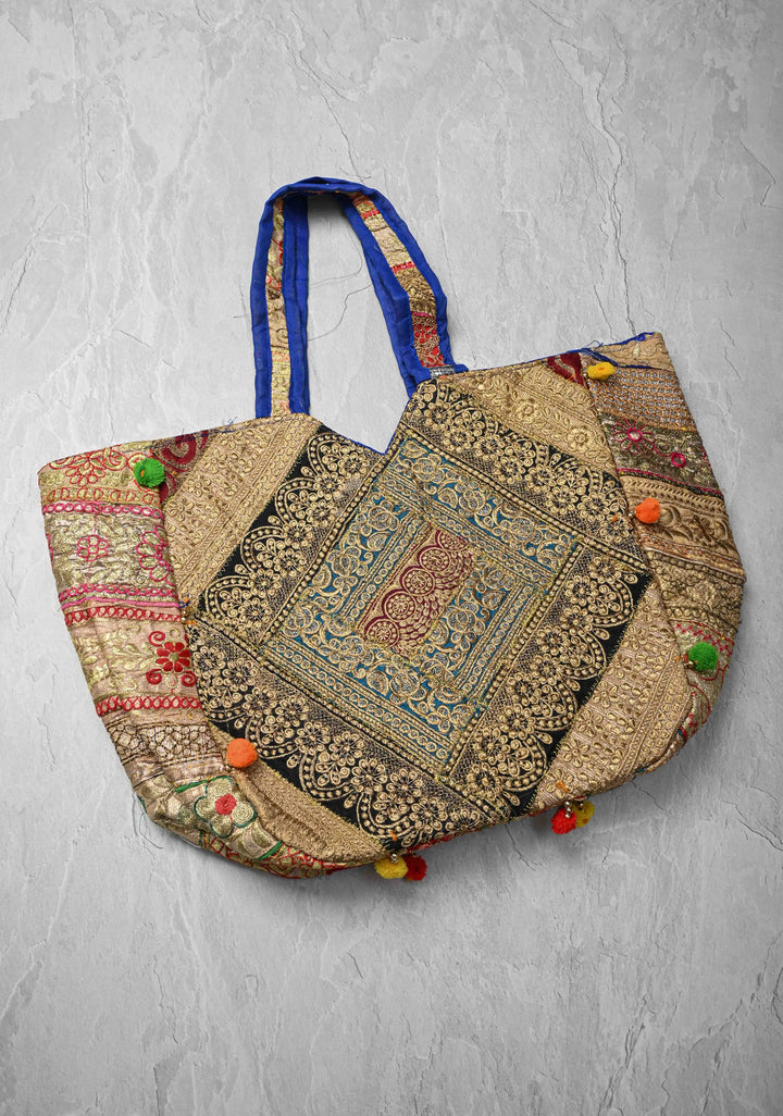 Colorful Embroidered Patchwork Shoulder Bag with Pom Pom Detailing