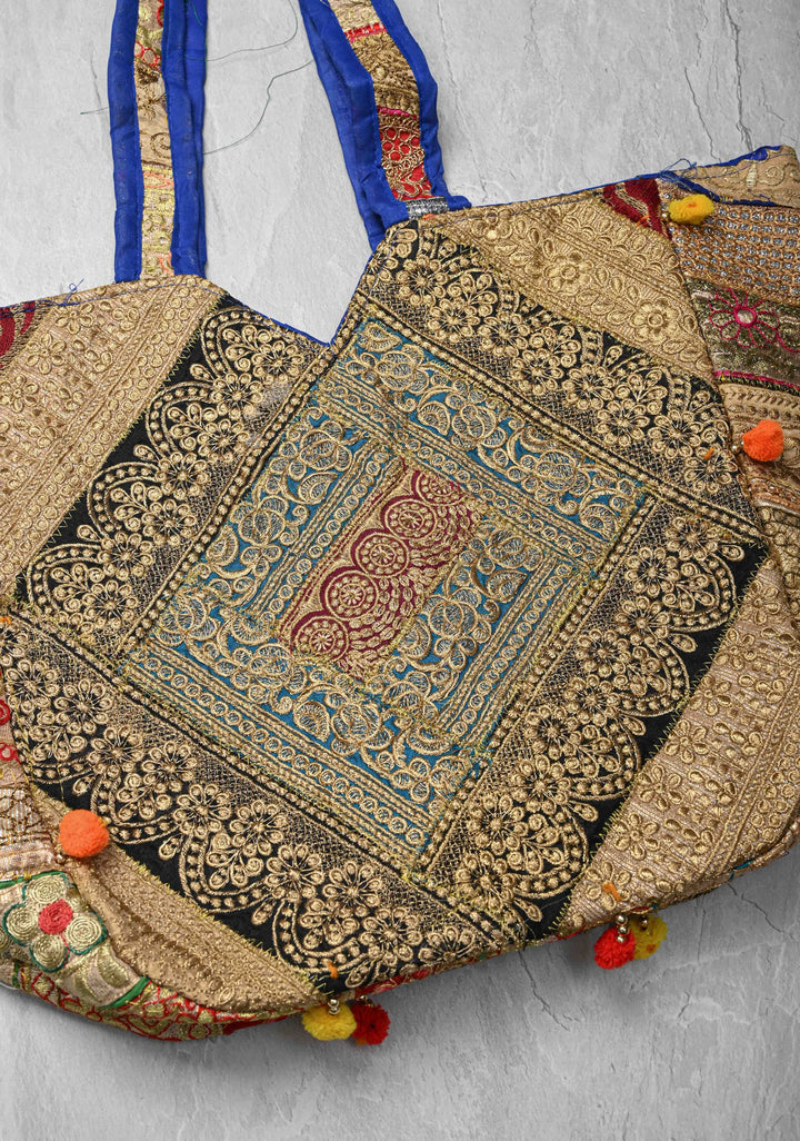 Colorful Embroidered Patchwork Shoulder Bag with Pom Pom Detailing