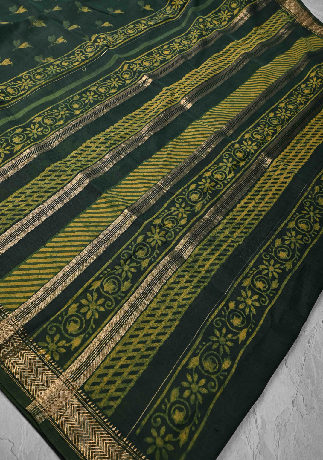 Green Hand Block Print on Viscose Saree with Zari border