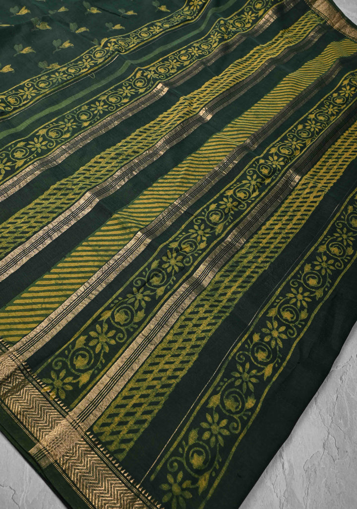 Green Hand Block Print on Viscose Saree with Zari border
