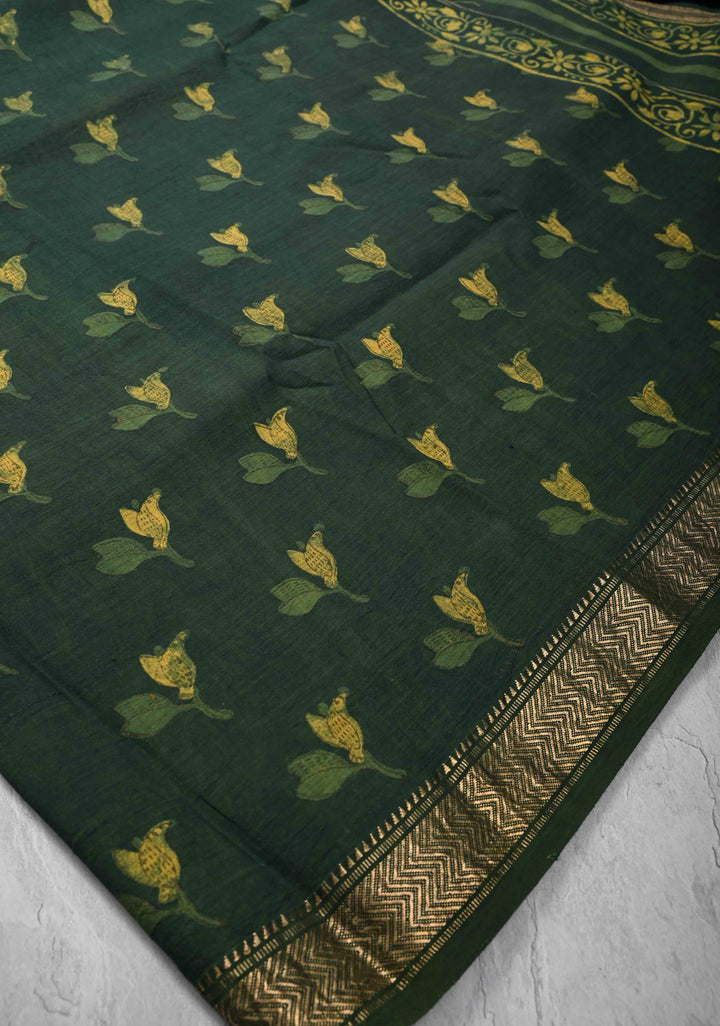 Green Hand Block Print on Viscose Saree with Zari border