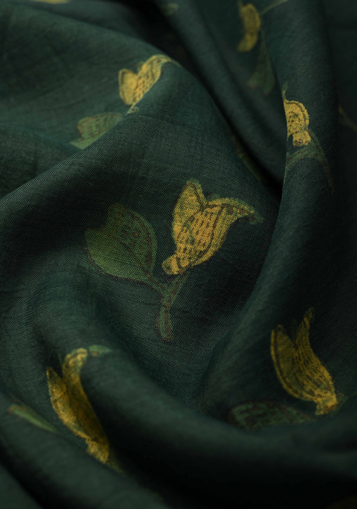 Green Hand Block Print on Viscose Saree with Zari border