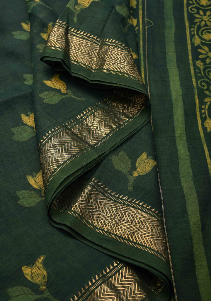Green Hand Block Print on Viscose Saree with Zari border