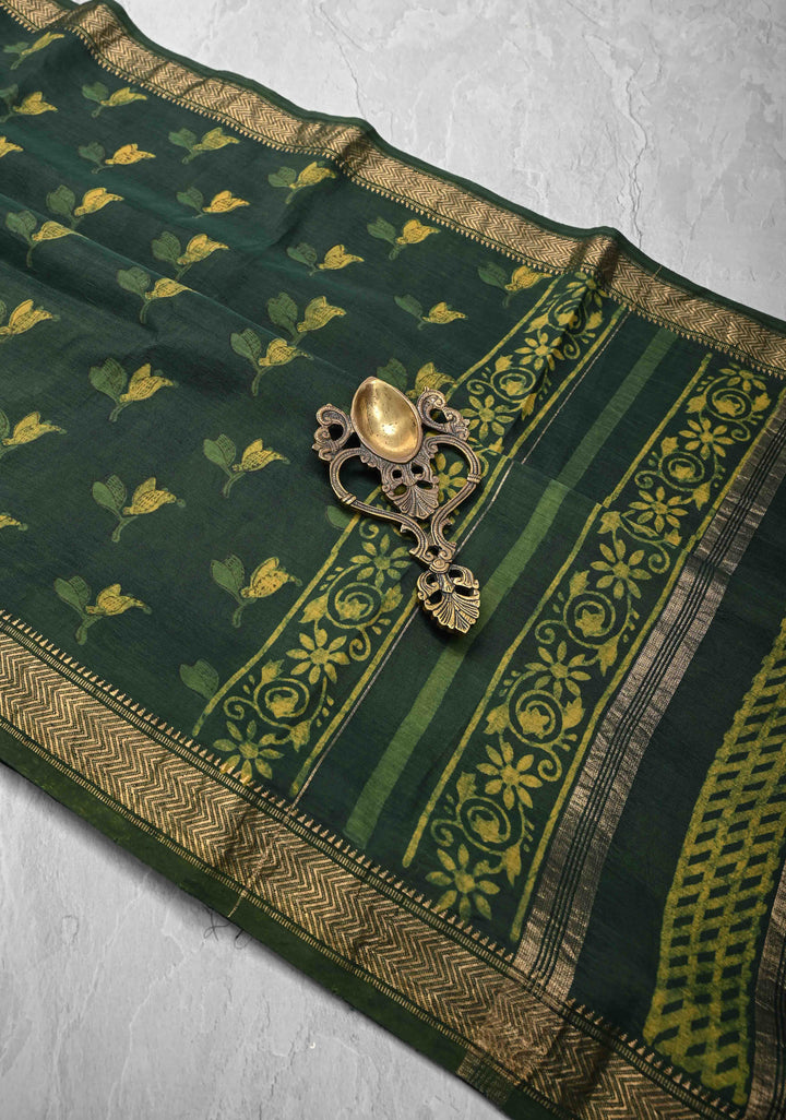 Green Hand Block Print on Viscose Saree with Zari border