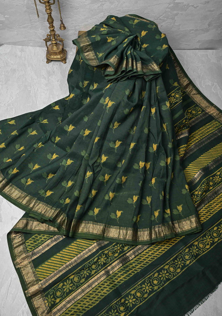 Green Hand Block Print on Viscose Saree with Zari border