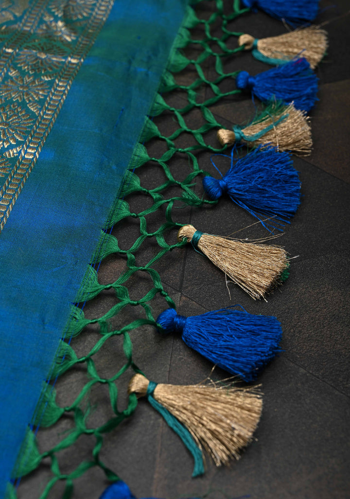 Blue Dual tone Banarasi Katan Silk Saree with Chand Tara Buttas and Zari Border | SILK MARK CERTIFIED