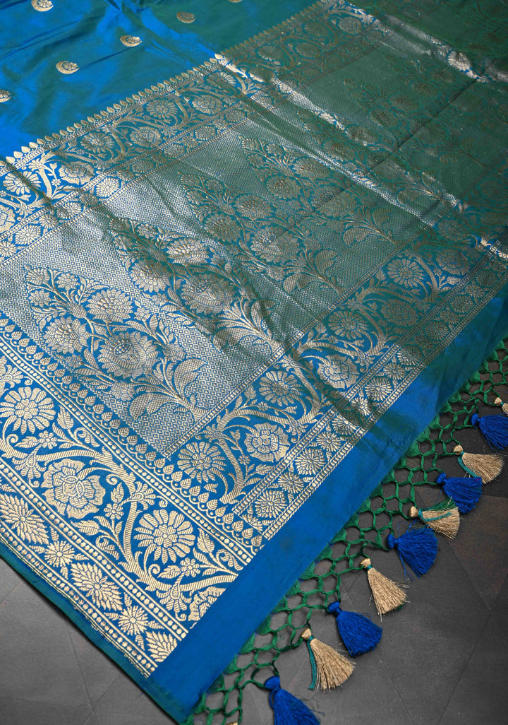 Blue Dual tone Banarasi Katan Silk Saree with Chand Tara Buttas and Zari Border | SILK MARK CERTIFIED