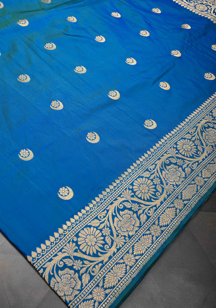Blue Dual tone Banarasi Katan Silk Saree with Chand Tara Buttas and Zari Border | SILK MARK CERTIFIED