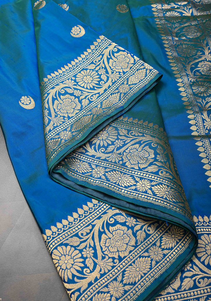 Blue Dual tone Banarasi Katan Silk Saree with Chand Tara Buttas and Zari Border | SILK MARK CERTIFIED