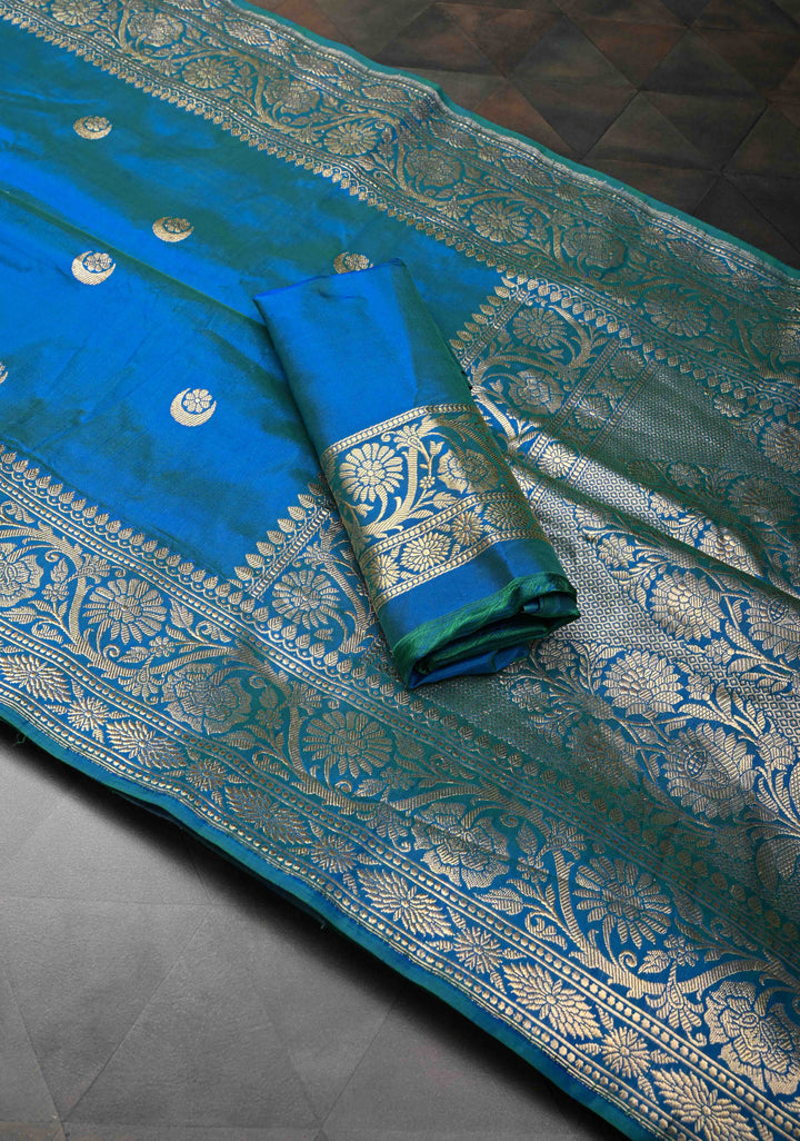 Blue Dual tone Banarasi Katan Silk Saree with Chand Tara Buttas and Zari Border | SILK MARK CERTIFIED