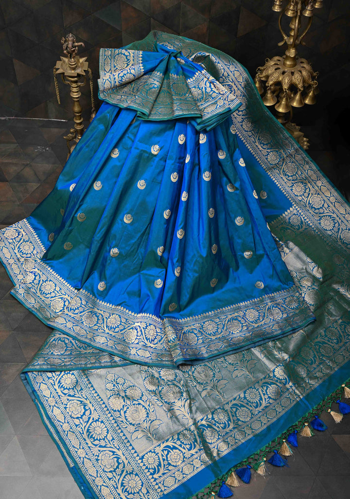 Blue Dual tone Banarasi Katan Silk Saree with Chand Tara Buttas and Zari Border | SILK MARK CERTIFIED