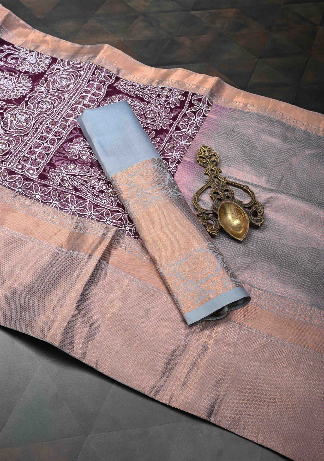 Exclusive Plum Hand Chikankari Full Jaal on Georgette Saree with Mukeish Embellishments and Fusion Kanjivaram Border
