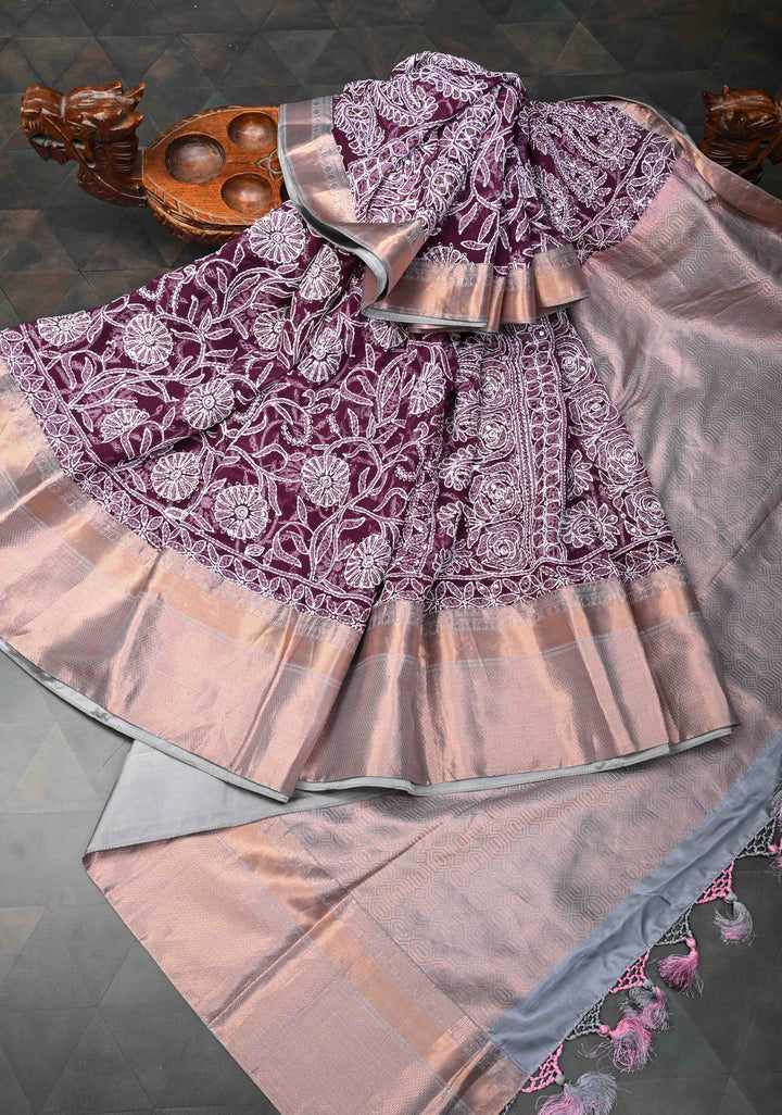 Exclusive Plum Hand Chikankari Full Jaal on Georgette Saree with Mukeish Embellishments and Fusion Kanjivaram Border