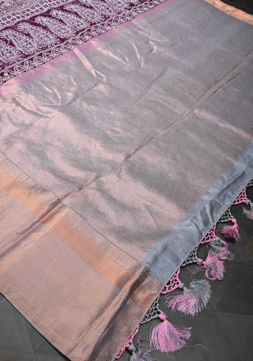 Exclusive Plum Hand Chikankari Full Jaal on Georgette Saree with Mukeish Embellishments and Fusion Kanjivaram Border