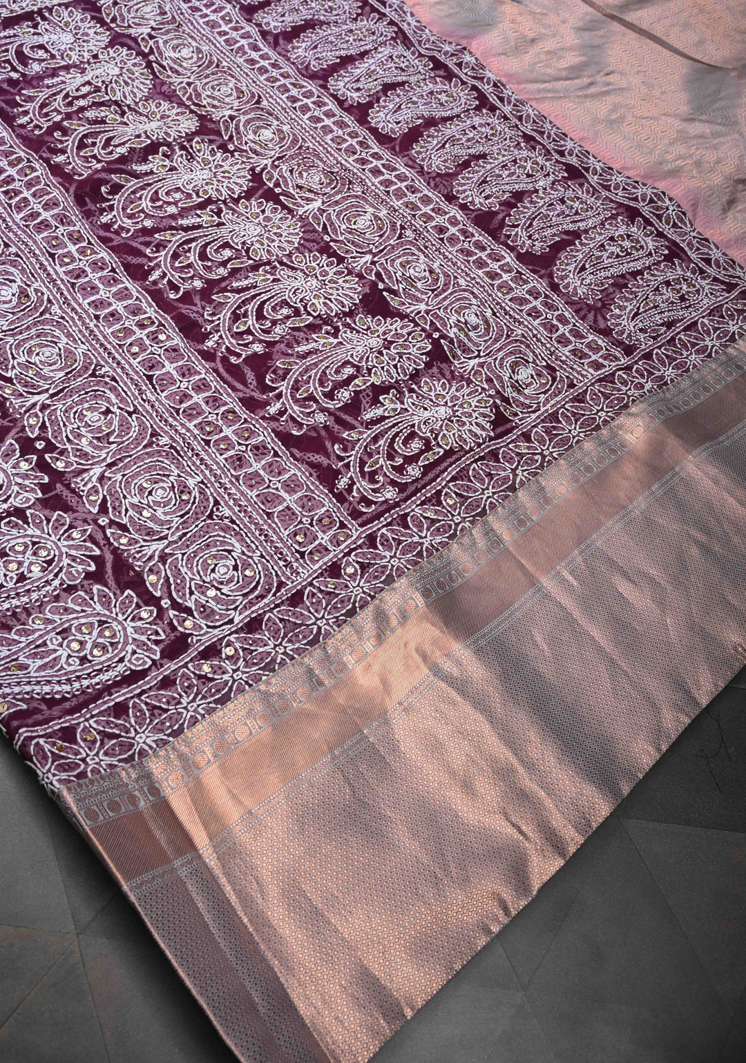 Exclusive Plum Hand Chikankari Full Jaal on Georgette Saree with Mukeish Embellishments and Fusion Kanjivaram Border