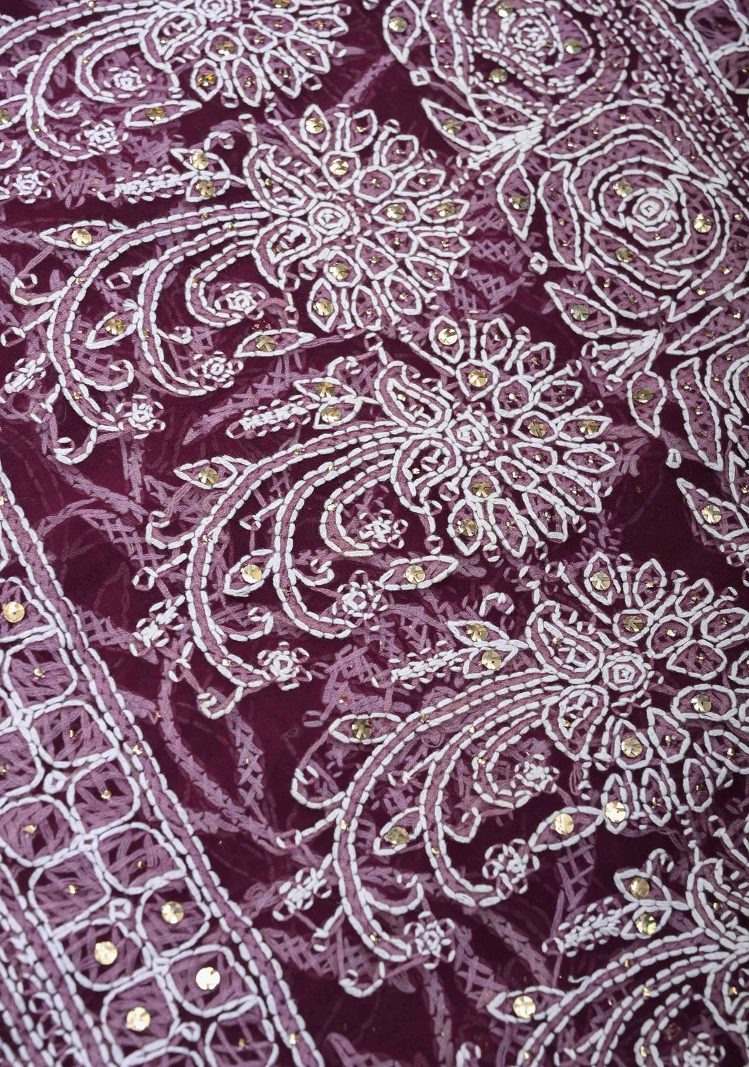 Exclusive Plum Hand Chikankari Full Jaal on Georgette Saree with Mukeish Embellishments and Fusion Kanjivaram Border
