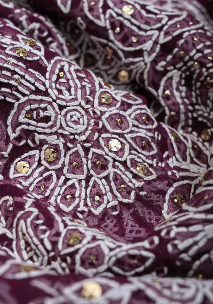 Exclusive Plum Hand Chikankari Full Jaal on Georgette Saree with Mukeish Embellishments and Fusion Kanjivaram Border