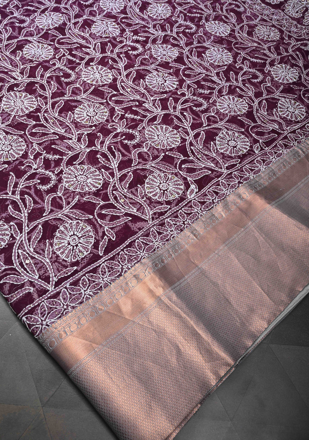 Exclusive Plum Hand Chikankari Full Jaal on Georgette Saree with Mukeish Embellishments and Fusion Kanjivaram Border