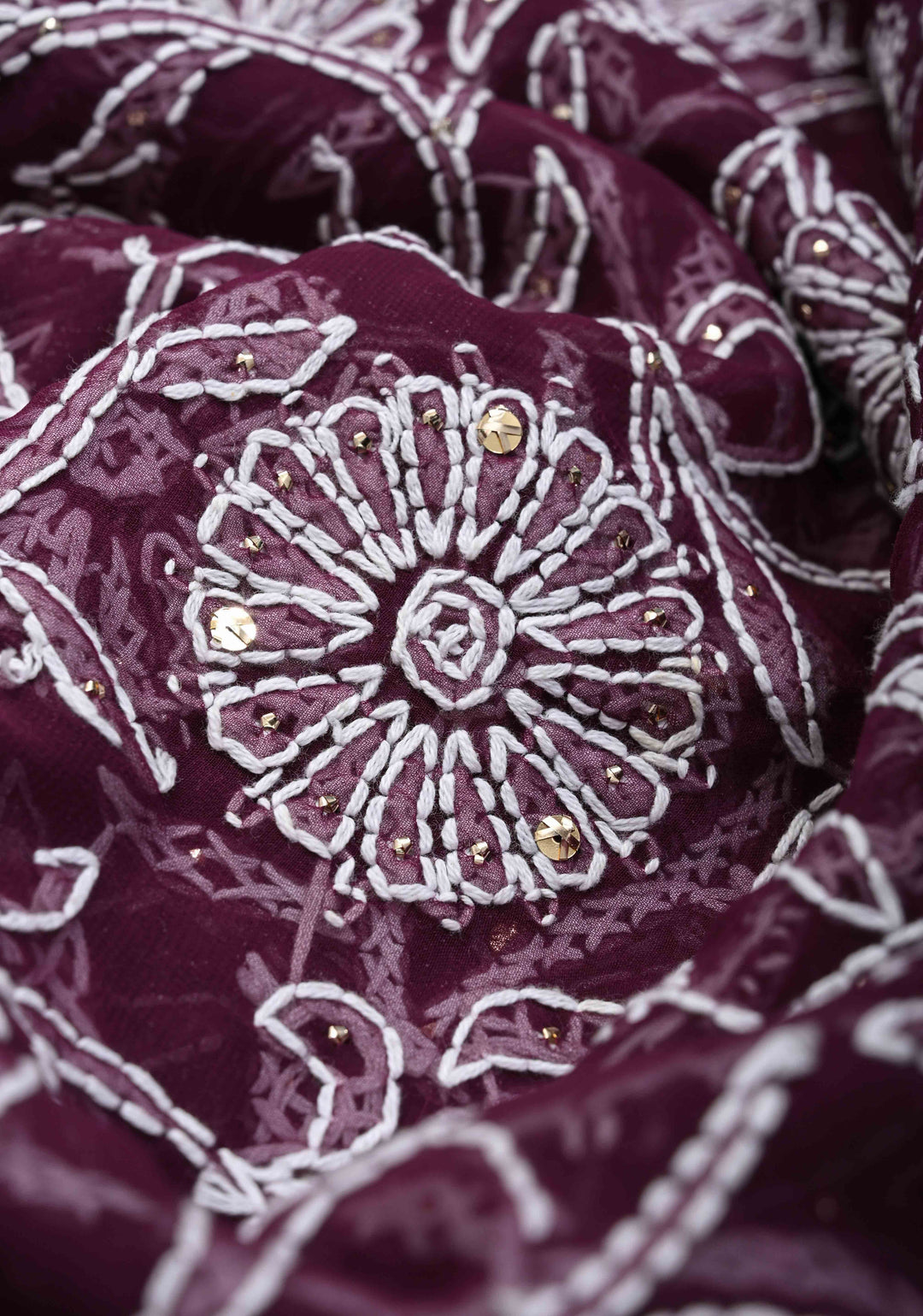 Exclusive Plum Hand Chikankari Full Jaal on Georgette Saree with Mukeish Embellishments and Fusion Kanjivaram Border
