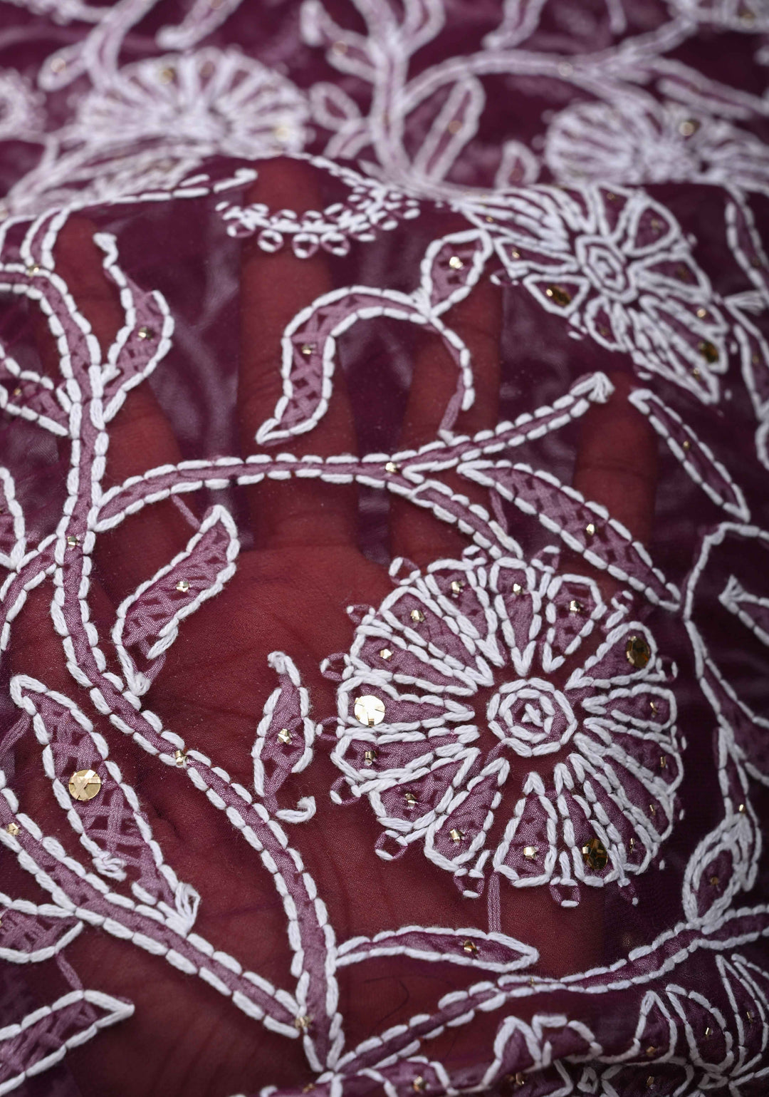 Exclusive Plum Hand Chikankari Full Jaal on Georgette Saree with Mukeish Embellishments and Fusion Kanjivaram Border