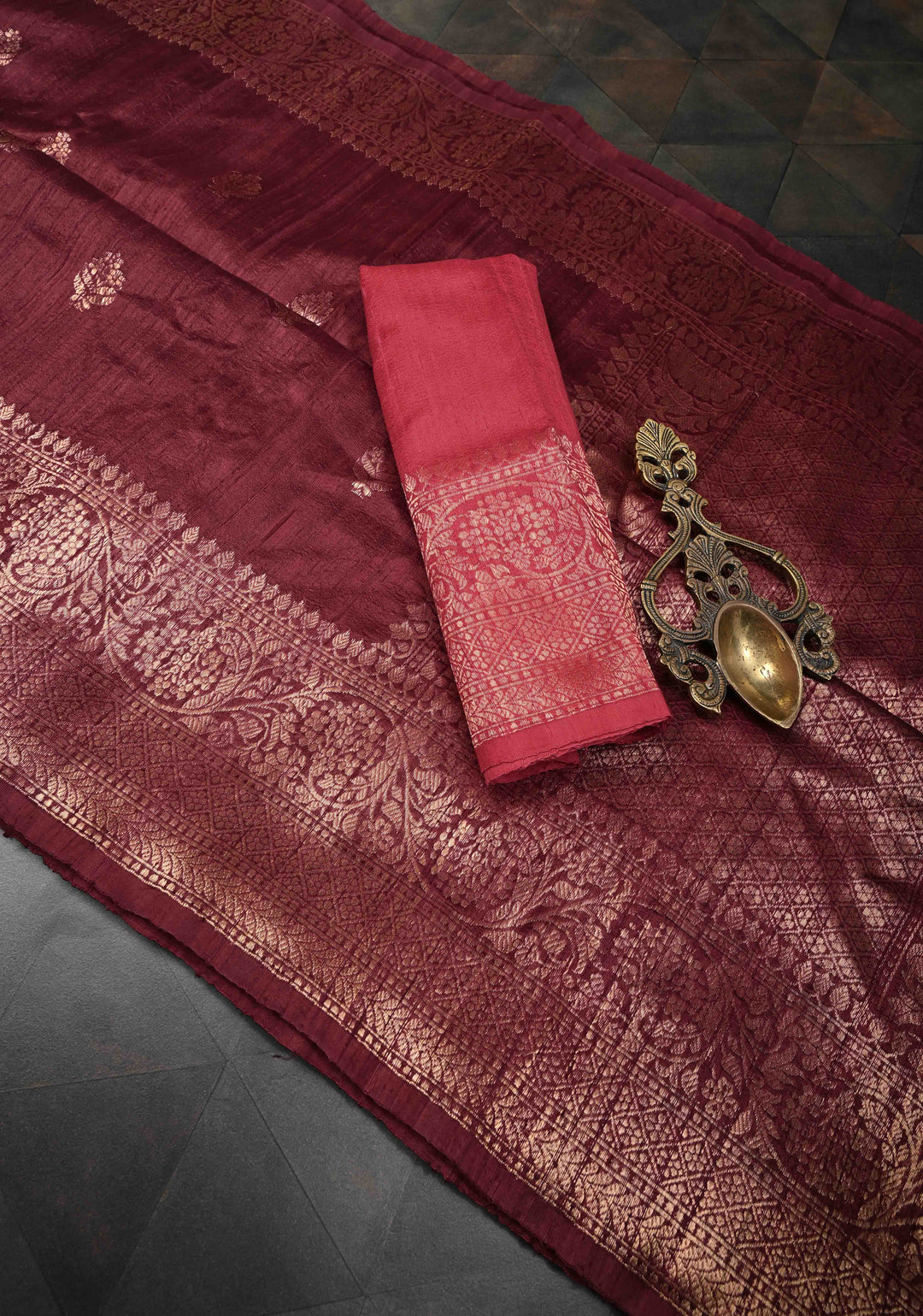 Maroon Banarasi Raw Silk Saree with Antique Zari Buttas and Zari Border | SILK MARK CERTIFIED