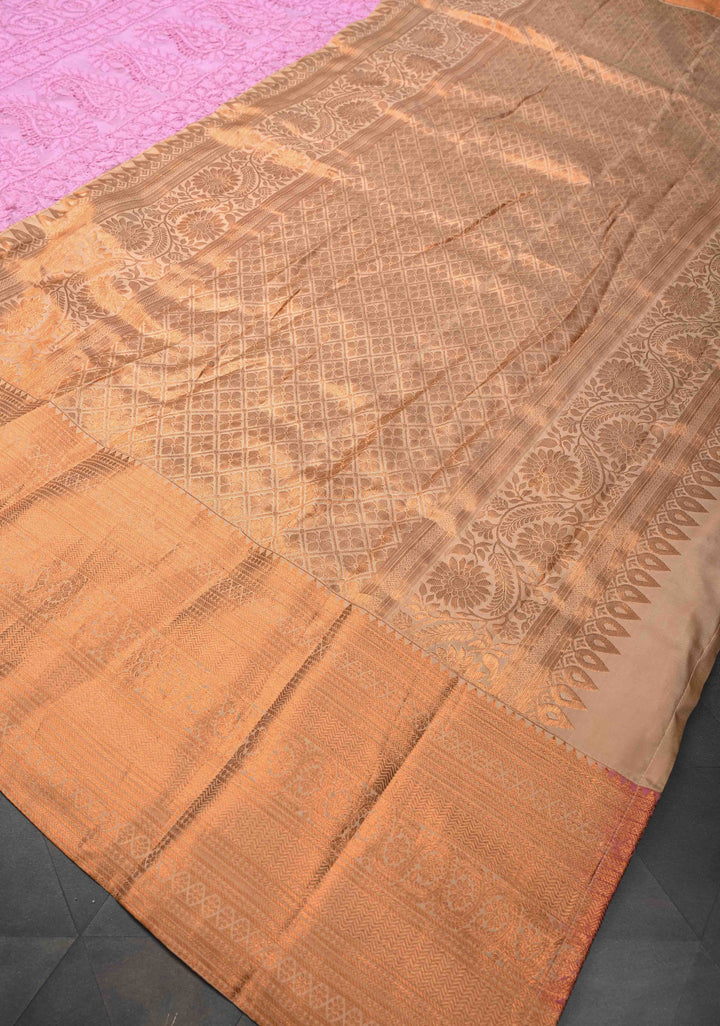 Baby Pink Full Jaal Hand Chikankari on Georgette Saree with Fusion Kanjivaram Border