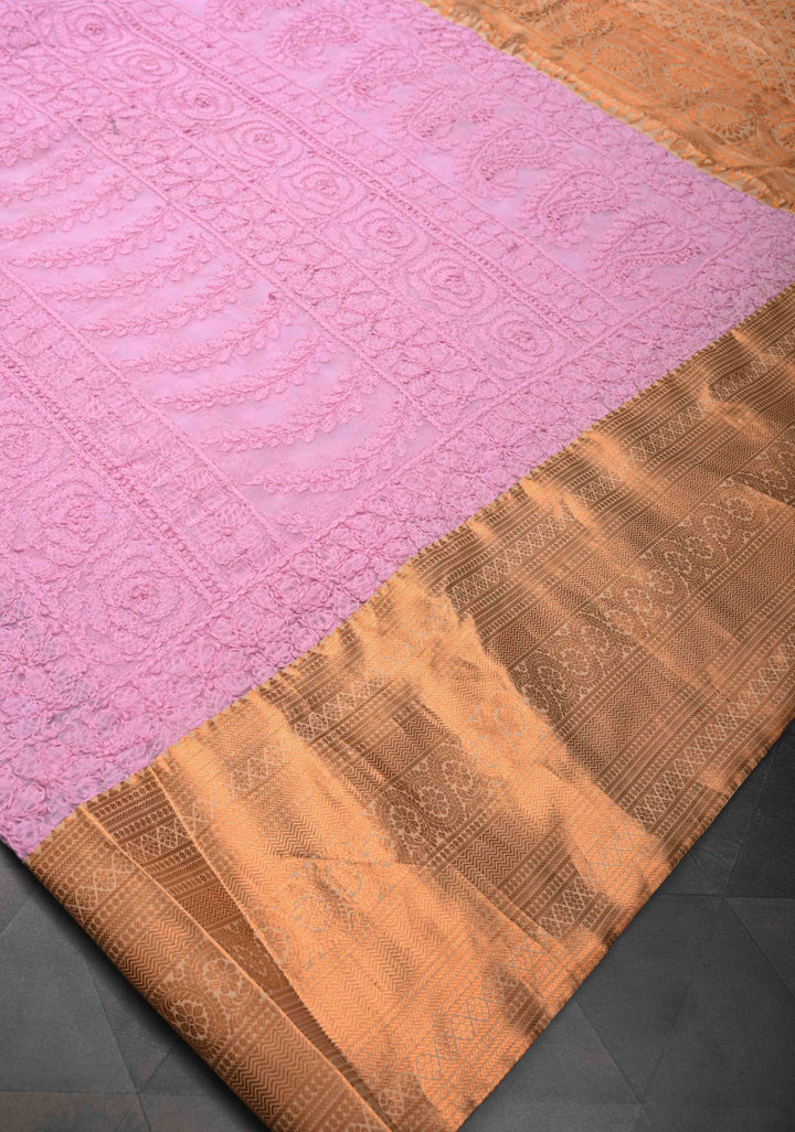 Baby Pink Full Jaal Hand Chikankari on Georgette Saree with Fusion Kanjivaram Border