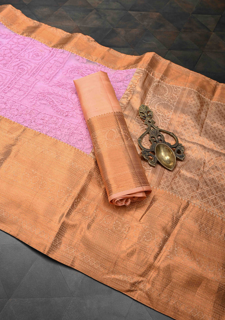 Baby Pink Full Jaal Hand Chikankari on Georgette Saree with Fusion Kanjivaram Border
