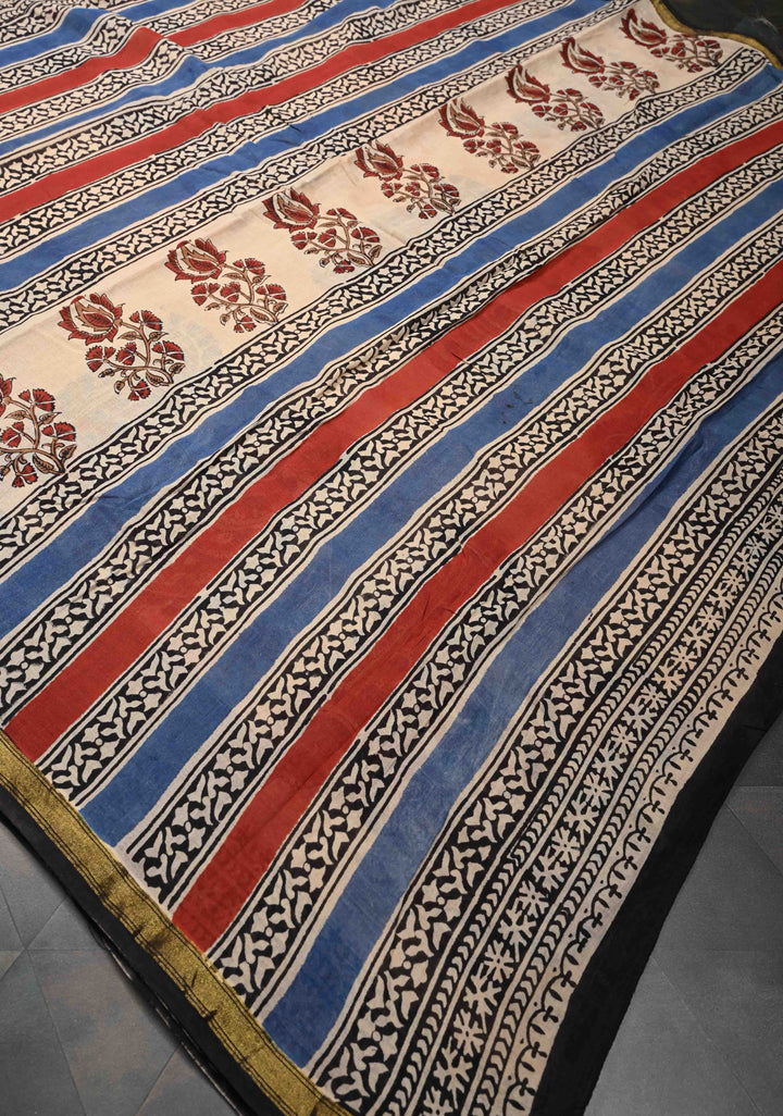 Beige Chanderi Cotton Silk Saree with Annapakshi Hand block Print and Minimal Zari Border