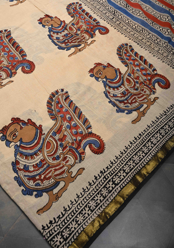 Beige Chanderi Cotton Silk Saree with Annapakshi Hand block Print and Minimal Zari Border