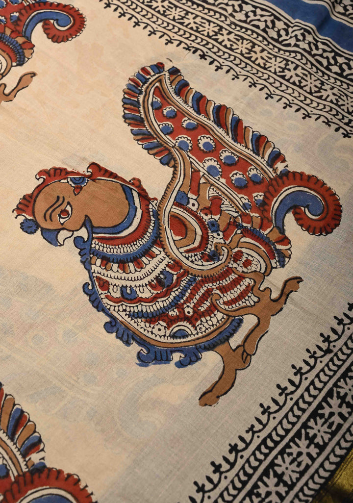 Beige Chanderi Cotton Silk Saree with Annapakshi Hand block Print and Minimal Zari Border