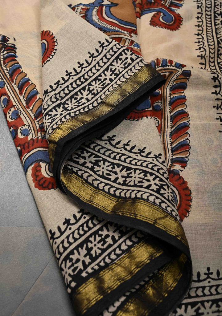 Beige Chanderi Cotton Silk Saree with Annapakshi Hand block Print and Minimal Zari Border